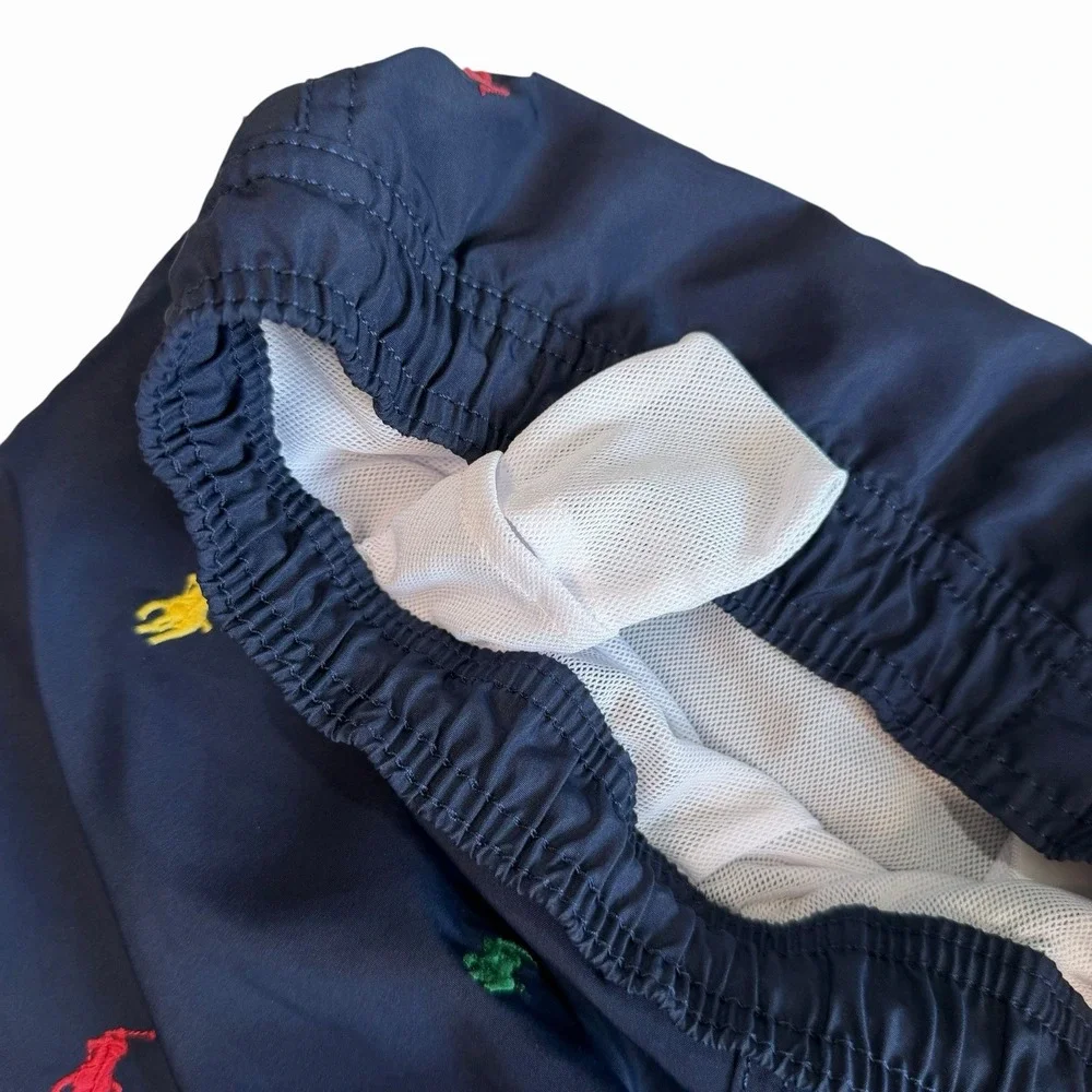 Polo Ralph Lauren Young Boys Navy Blue AOP Logo Swim Trunks Shorts Size M 10/12